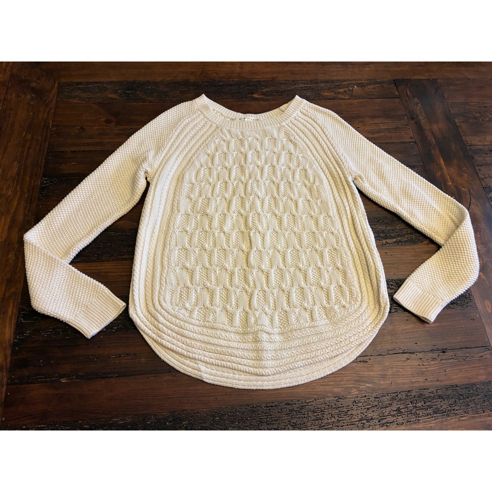 Max Studio Cable Knit Sweater Cream Round Hem Women's Size Large 100% Cotton
